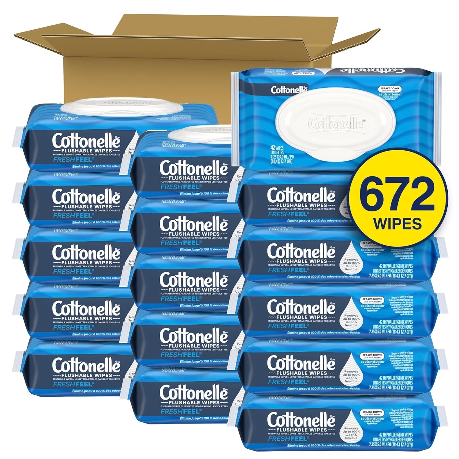 Fresh Feel Flushable Wet Wipes, 16 Flip-Top Packs, 42 Wipes (672 Total Wipes)