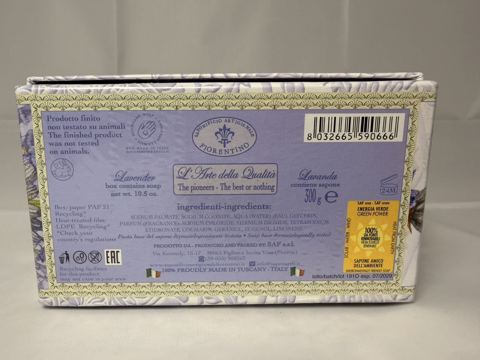 Fiorentino Lavender Scented Soap 10.5 oz 300g Made in Italy New Gift Box