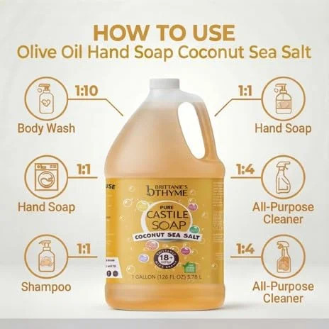 Brittanie’s Thyme Pure Castile Soap – Coconut Sea Salt, 1 Gallon (128 oz) – Natu