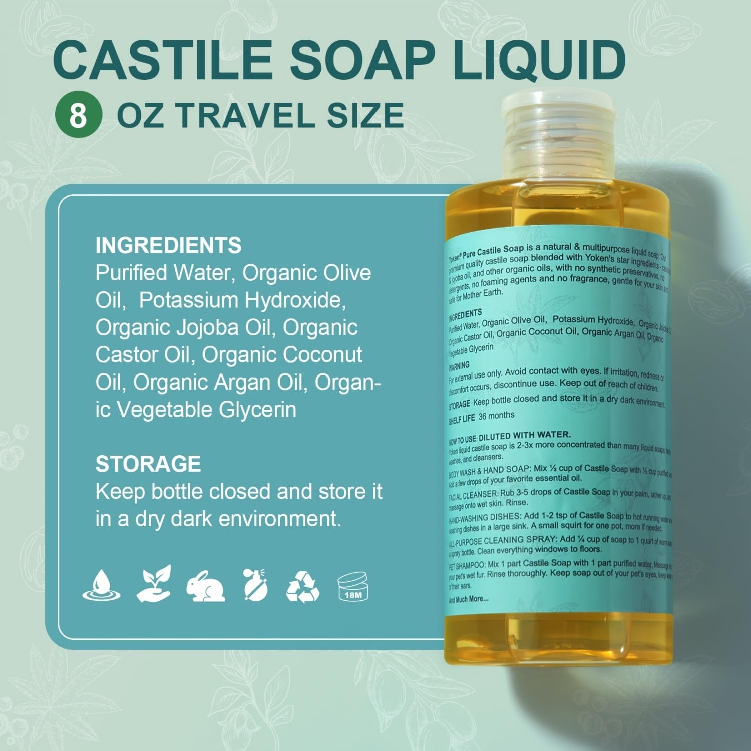 Pure Castile Liquid Soap Organic (EWG Verified, Unscented, 8 OZ), Made with Orga