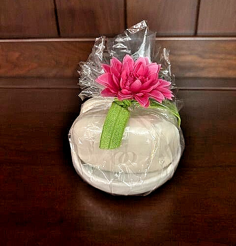 LADY PRIMROSE “CREME AND OATMEAL” SOAPS ON A SMALL WHITE PLATE, TWO 3 OZ BARS