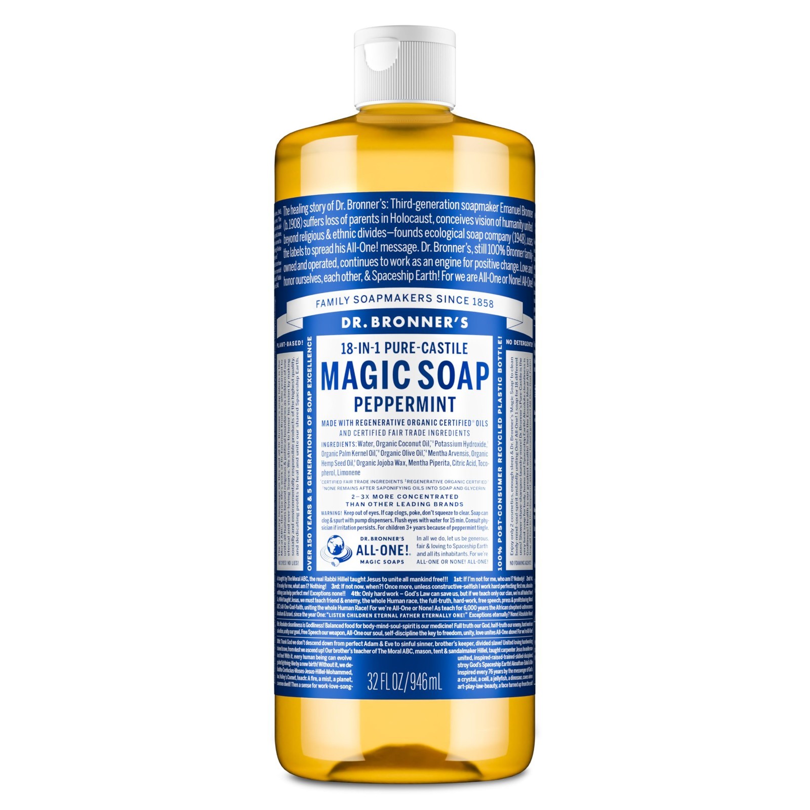 Pure-Castile Liquid Soap 32oz – 18-in-1 Uses, Vegan, Non-GMO, Peppermint Scent