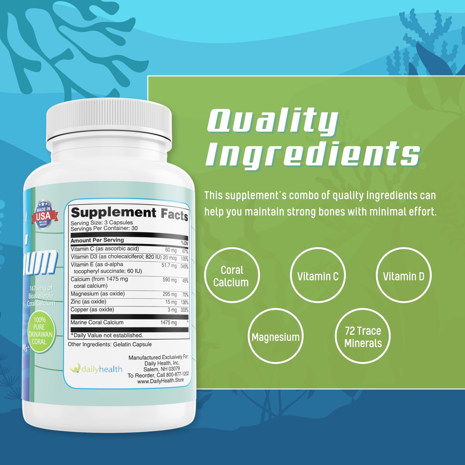 Daily Health, Coral Calcium Pure Okinawa – Marine-Grade 1 Count (Pack of 1)