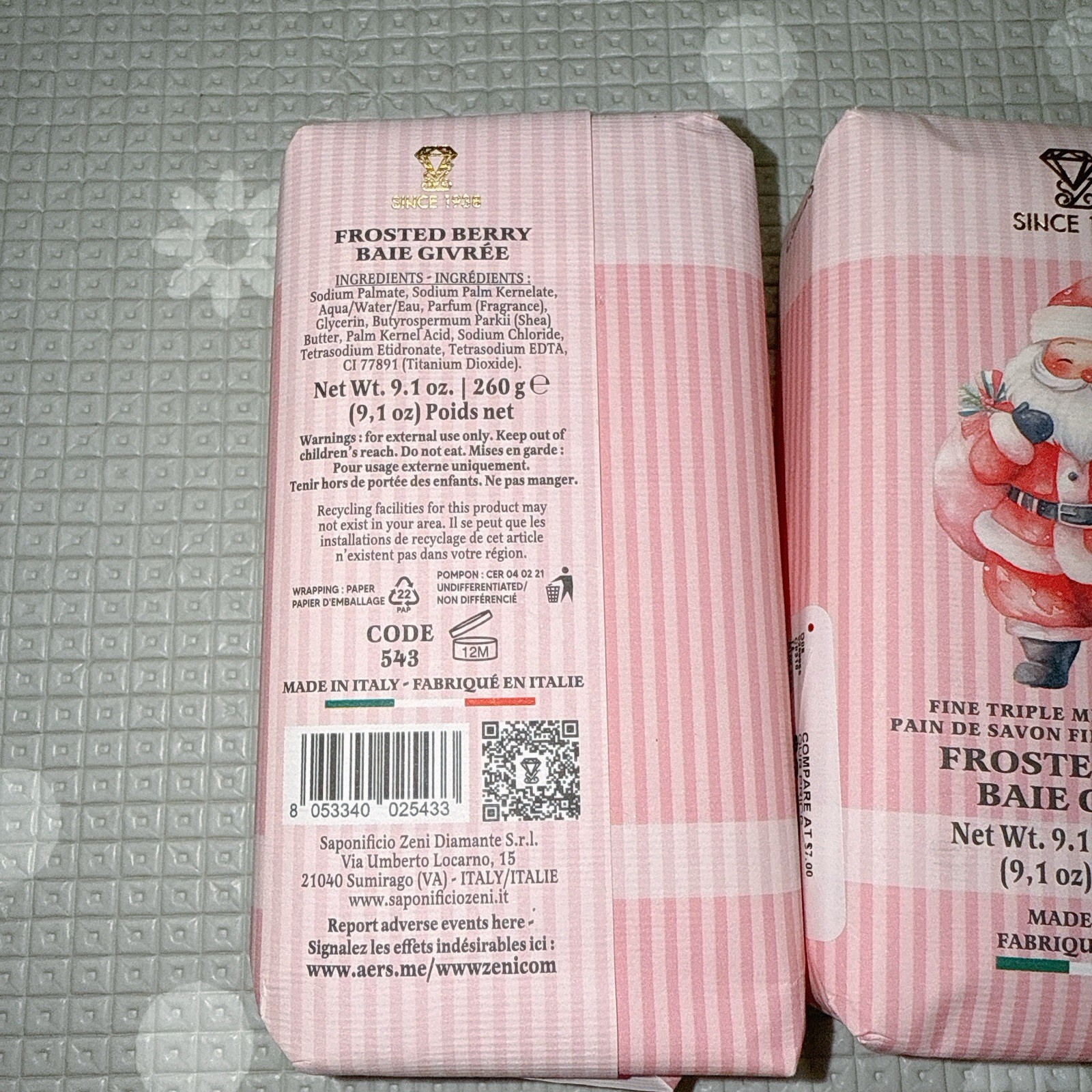 2 pcs ZENI Scent : FROSTED BERRY ITALIAN Soap Bar 9.1 Oz/each CHRISTMAS SANTA