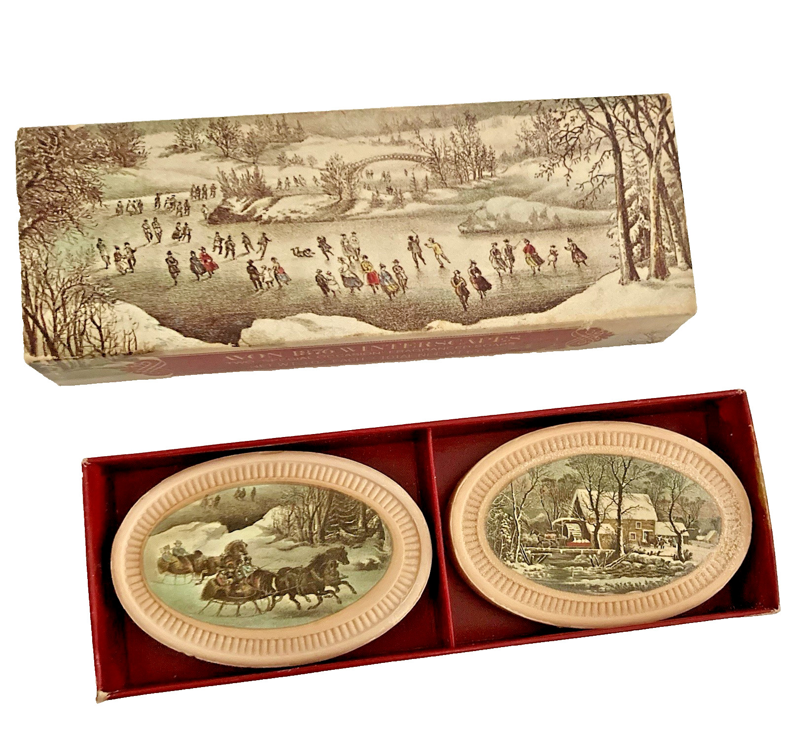 Avon 1876 Winterscapes Fragranced two 3 oz. Bar Soaps Currier & Ives vtg in box