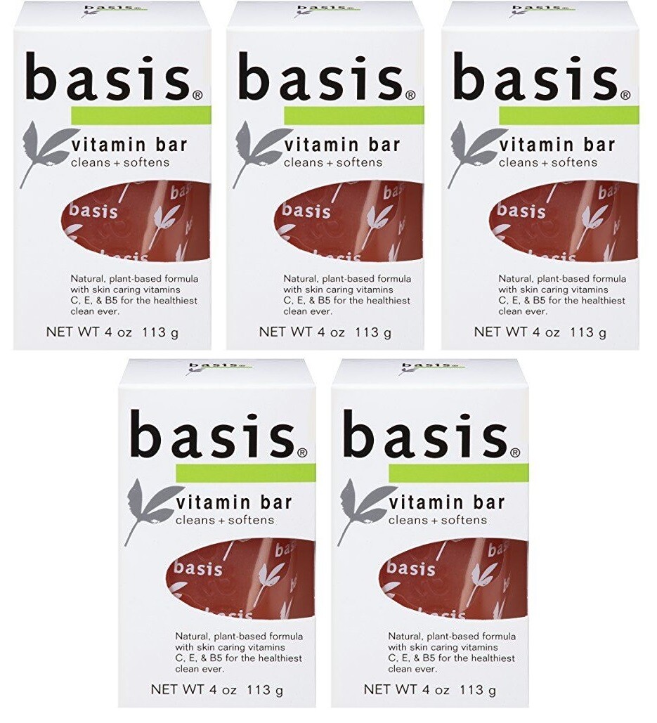 5 Pack Basis Vitamin Bar Soap Cleans Softens 4Oz Each