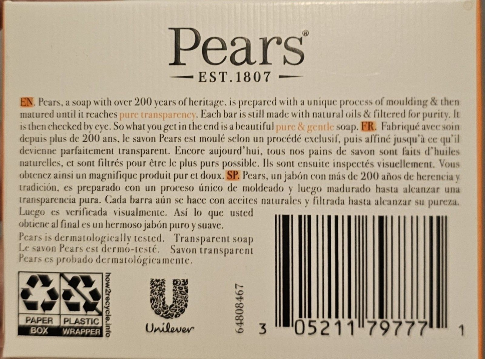 Pears Transparent Glycerin Bar Soap 3.53 Oz Each ORANGE COLOR Pack of 1