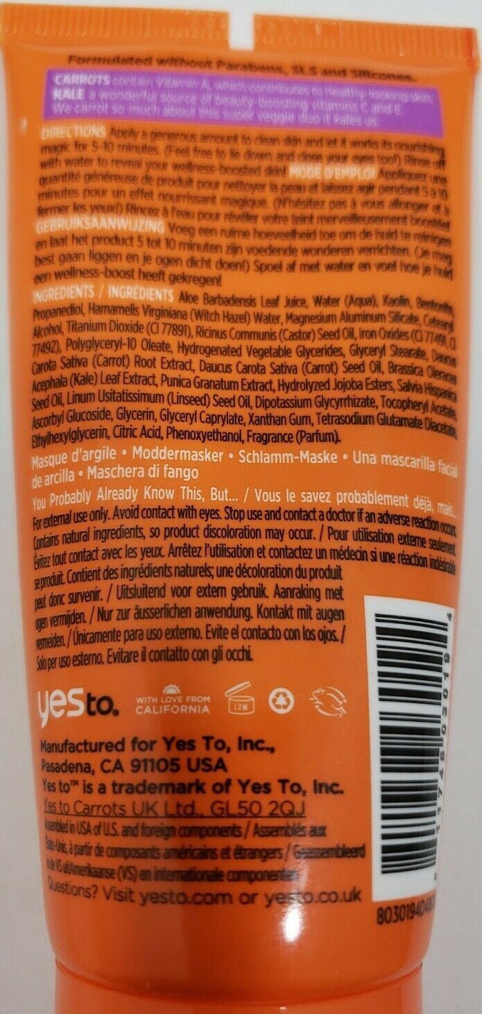 YES TO Carrots/ Kale Mud mask K /FOR DEPLETED SKIN / 2 fl. oz. ~Lot of 4~