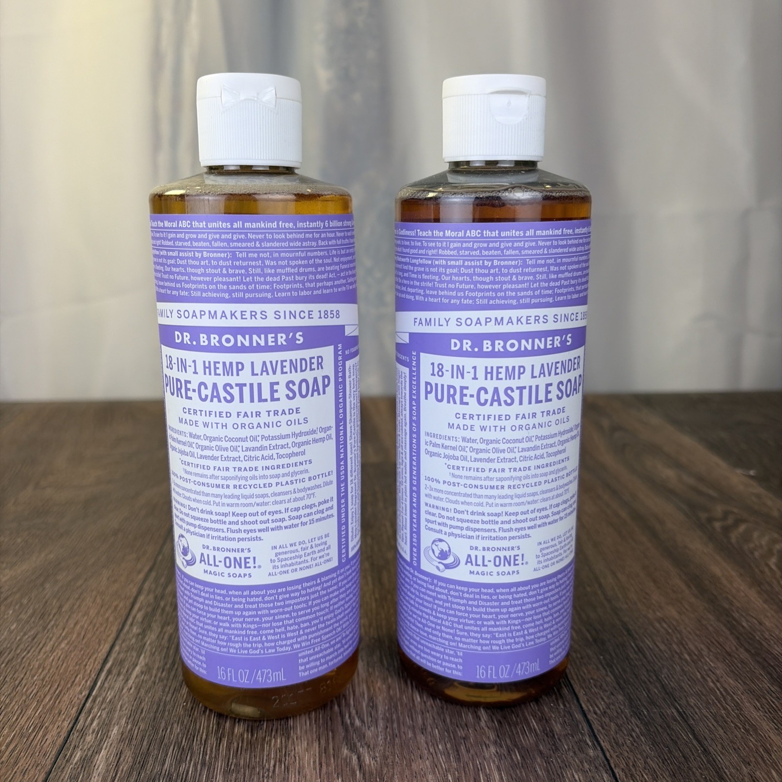 Lot of 2 16 oz Dr. Bronner’s 18 -in-1 Hemp Lavender Pure Castile Soap 32 oz