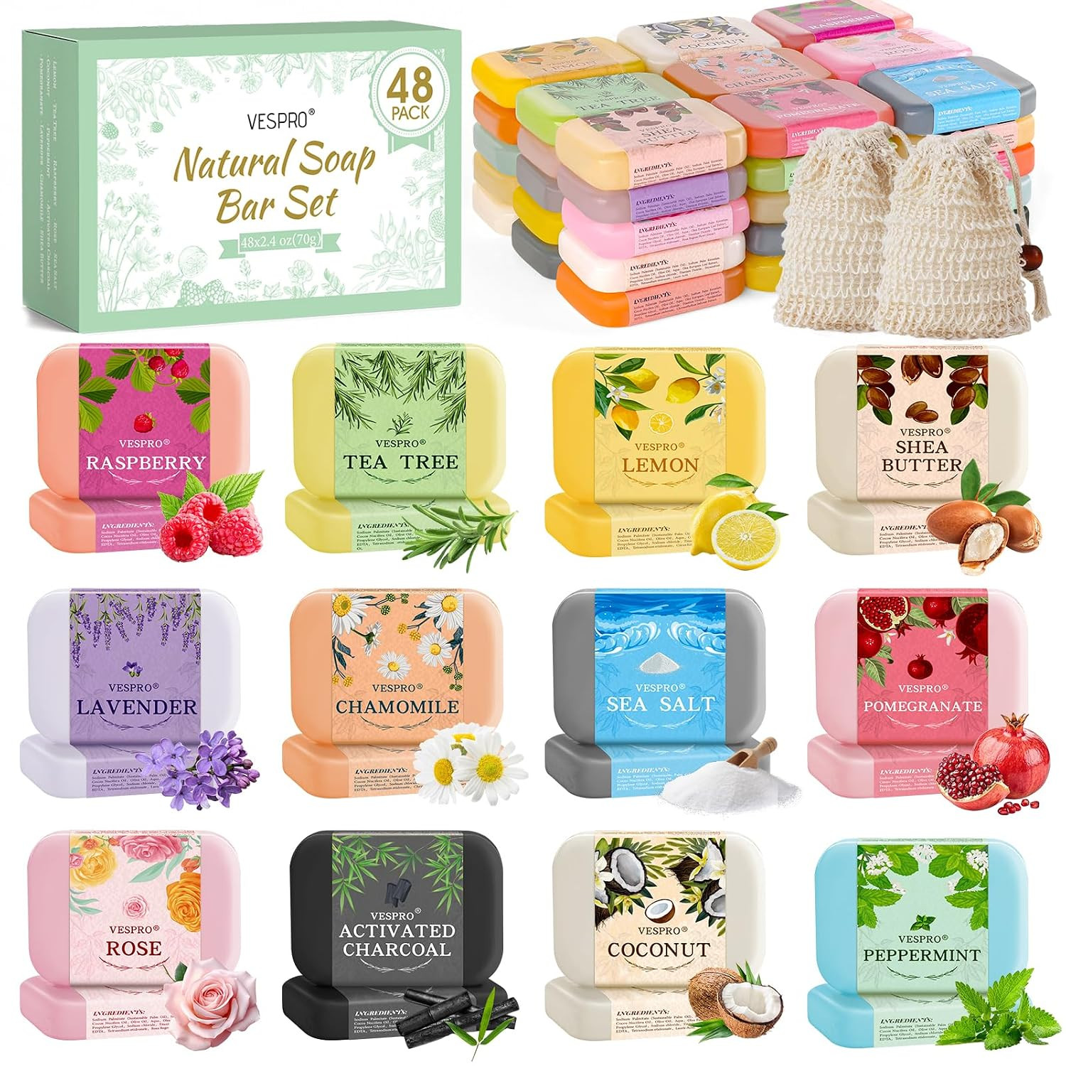 VESPRO Handmade Soap Bulk Gifts 48 Pack Natural Bar Soap Body Wash with Olive Ex