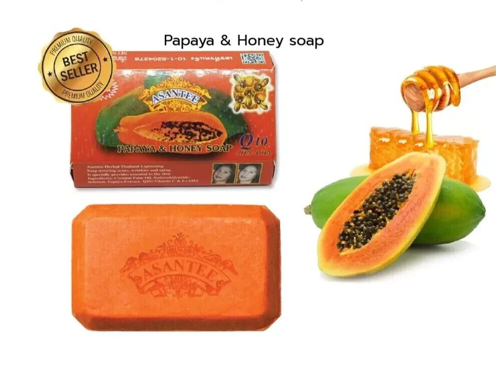 Asantee Thai Herbal Papaya Honey Soap with Q10, AHA, BHA Skin Whitening 125g