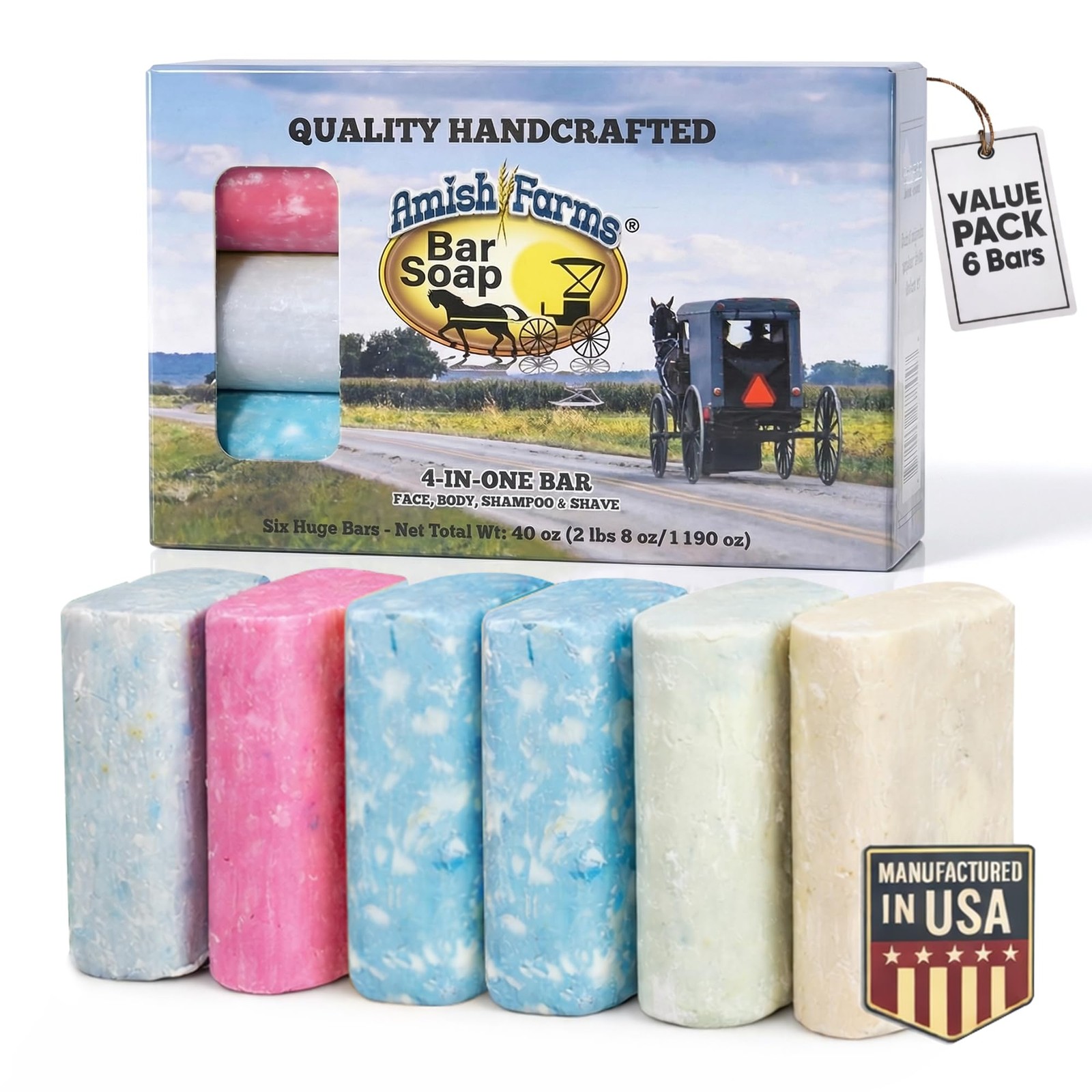 Amish Farms Bar Soap w/All Natural 5 Ounce (Pack of 6), Multi-colored