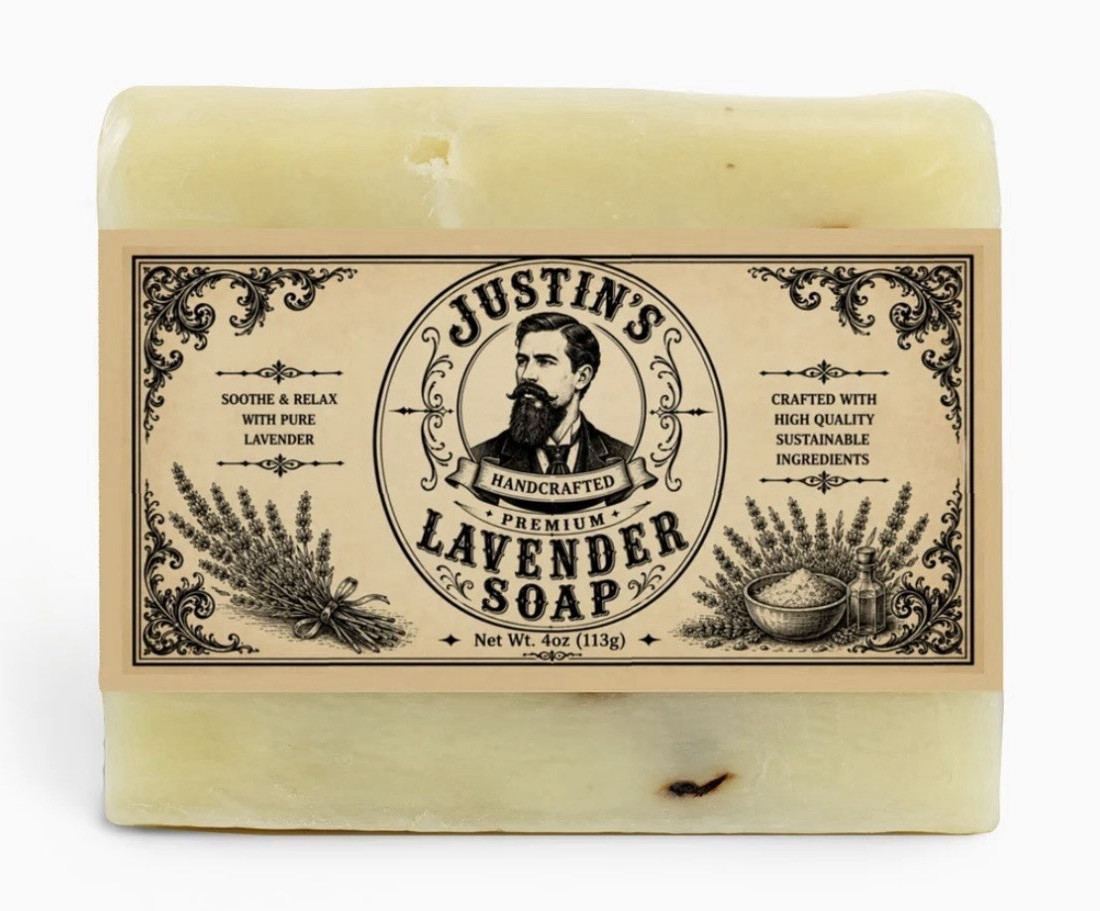 Justin’s Handcrafted Premium Lavender Body & Hand Bar Soap, 4 oz