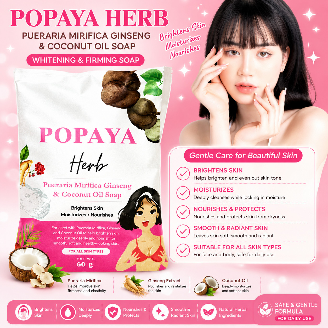 POPAYA HERB Pueraria Mirifica Ginseng & Coconut Oil Soap 60g x 3 Bars