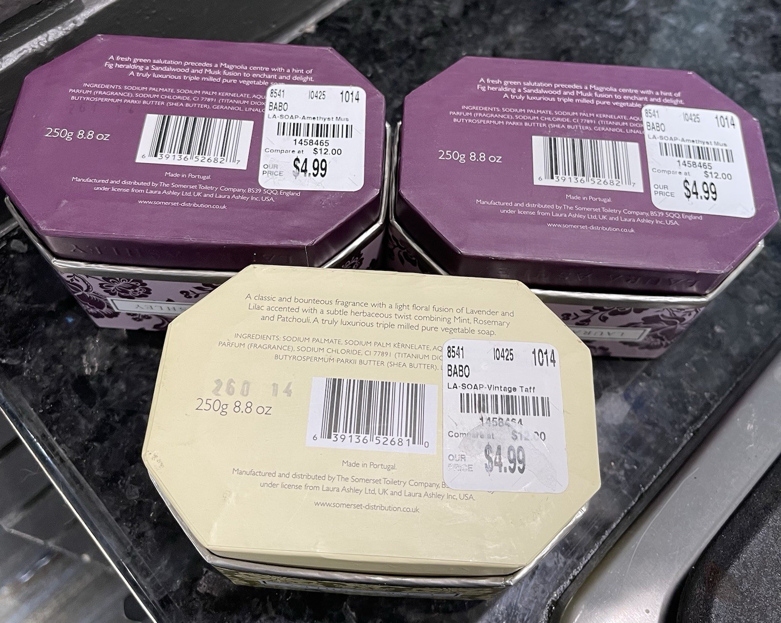Laura Ashley Triple Milled Soap Bar Trio 2-Amethyst Musk 1-Vintage Taffeta 8.8oz