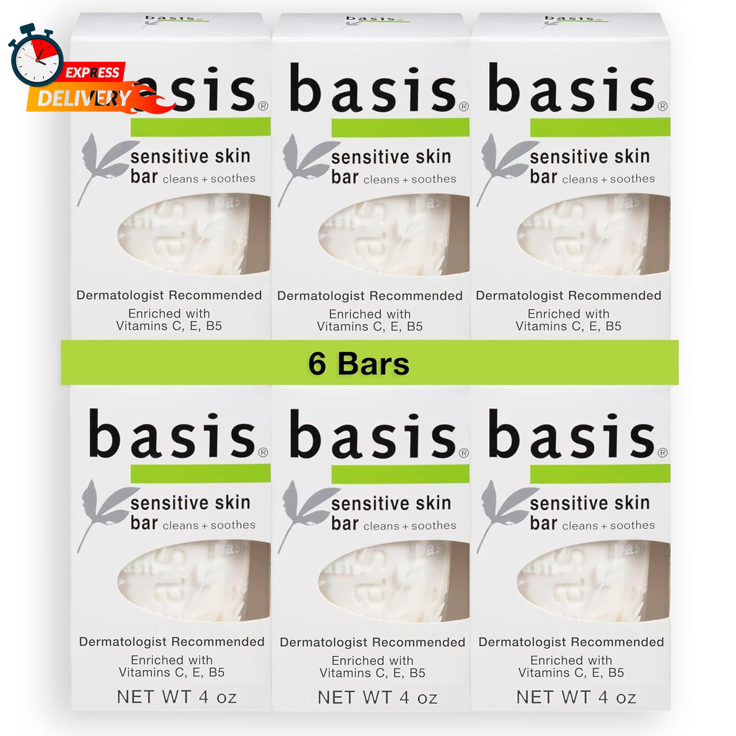 Basis Sensitive Skin Bar Soap for Body, Hands and Face, Unscented Soap Bar for S
