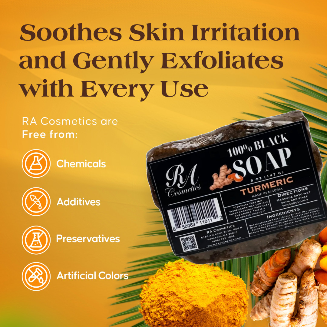RA Cosmetics 100% Pure Raw African Black Soap With Turmeric Oil – 5oz