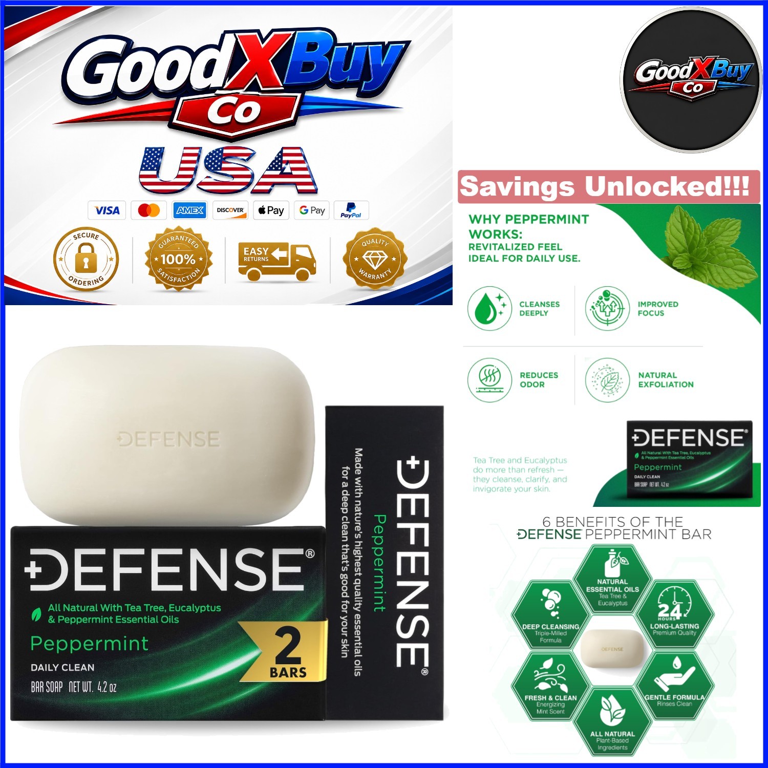 2pk Natural Peppermint Bar Soap for Men with Tea Tree & Eucalyptus Oil