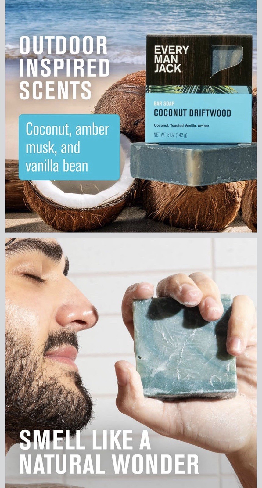 Every Man Jack Cold Processed Mens Bar Soap – Coconut + Driftwood Scent – 3Pack
