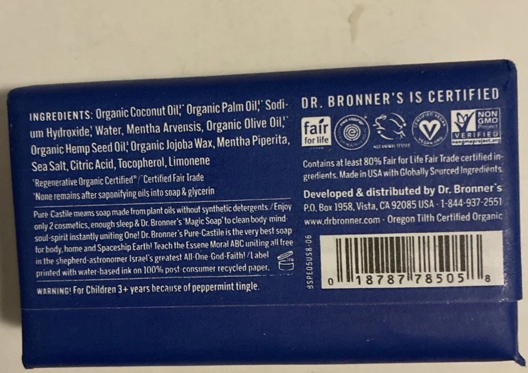 Dr. Bronner’s Pure-Castile Bar Soap Peppermint 5 oz NEW