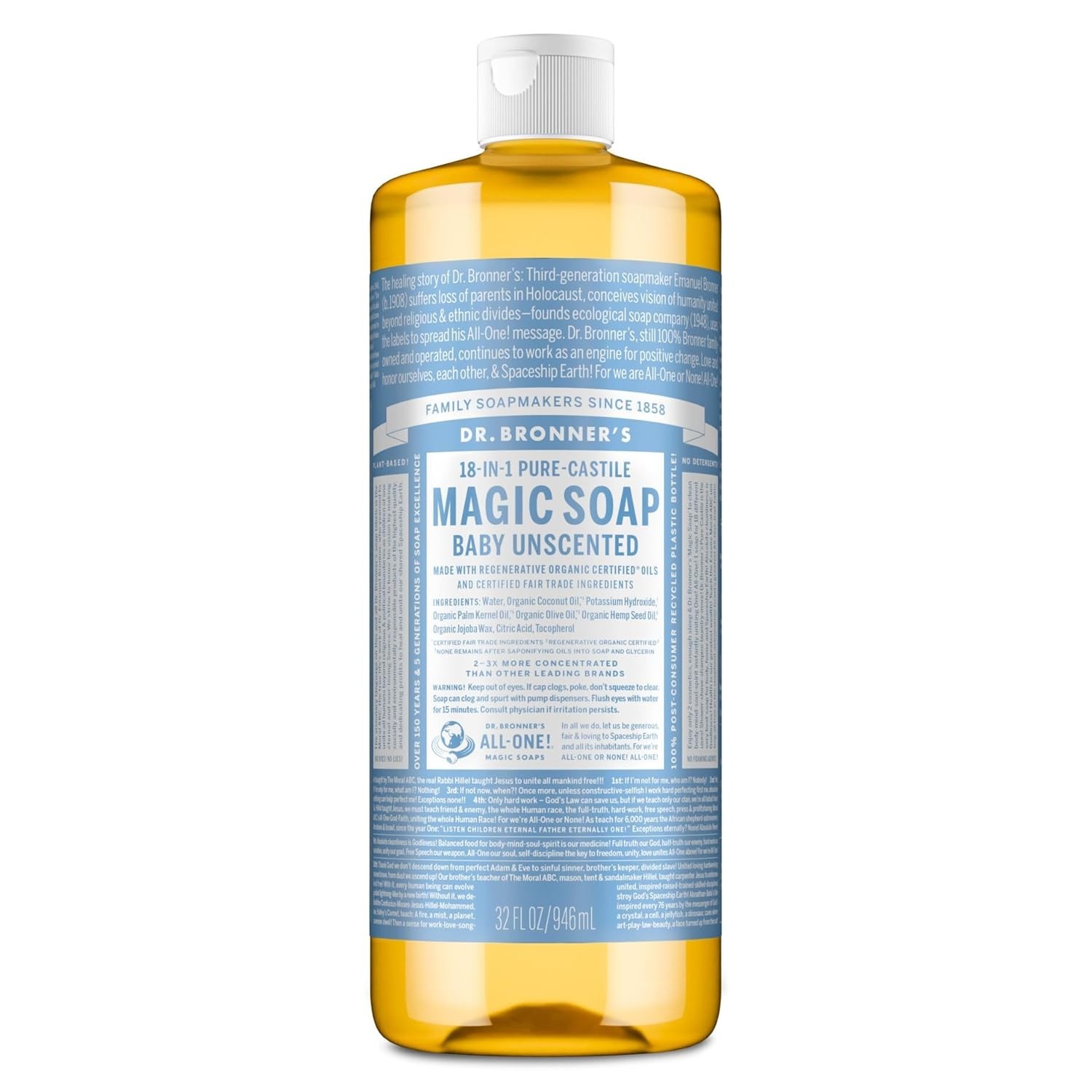 32oz Dr. Bronner’s Pure-Castile Soap – Unscented, Concentrated & Multifunctional