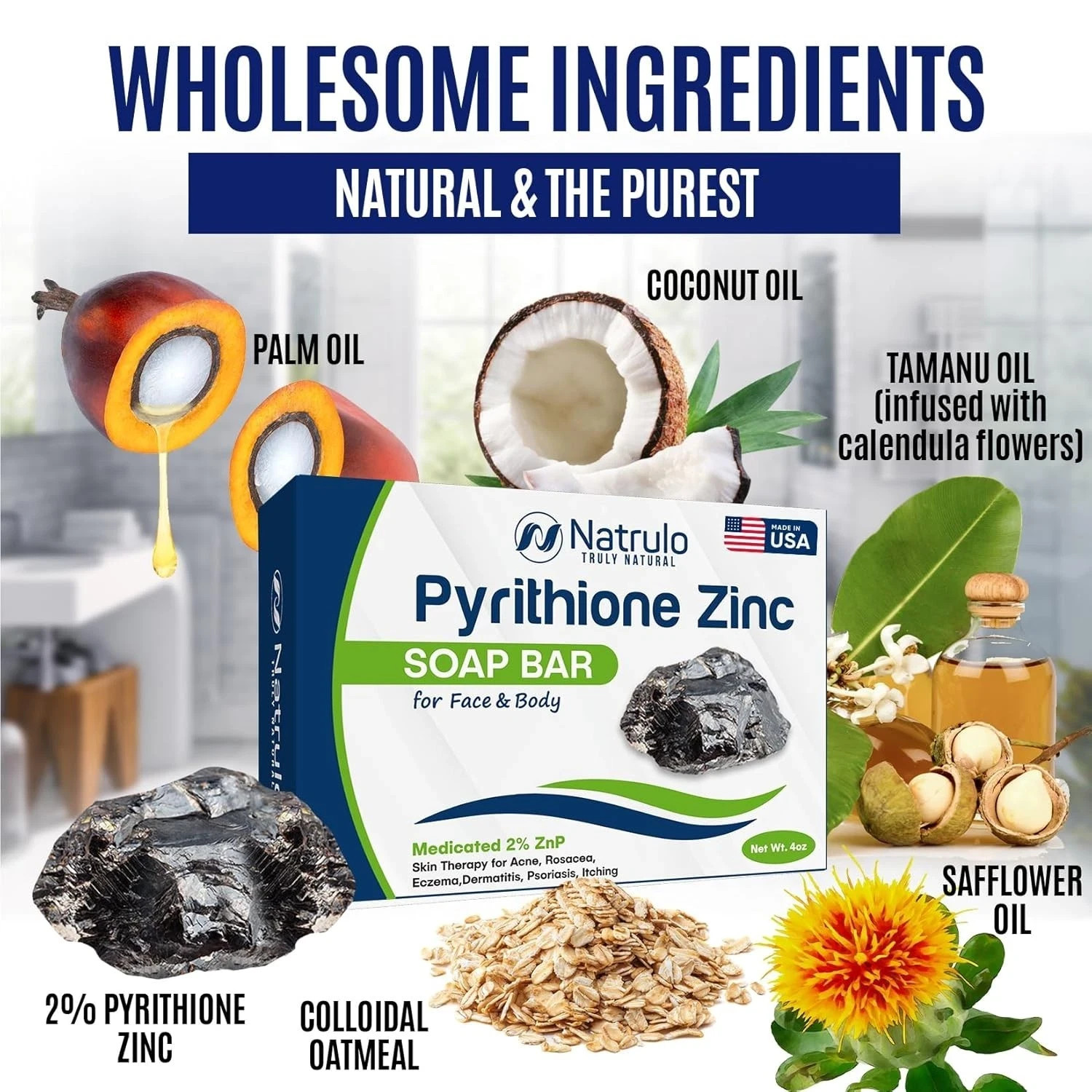 Pyrithione Zinc Soap Bar for Face & Body, 4oz | Medicated 2% ZnP Bar Soap Skin T