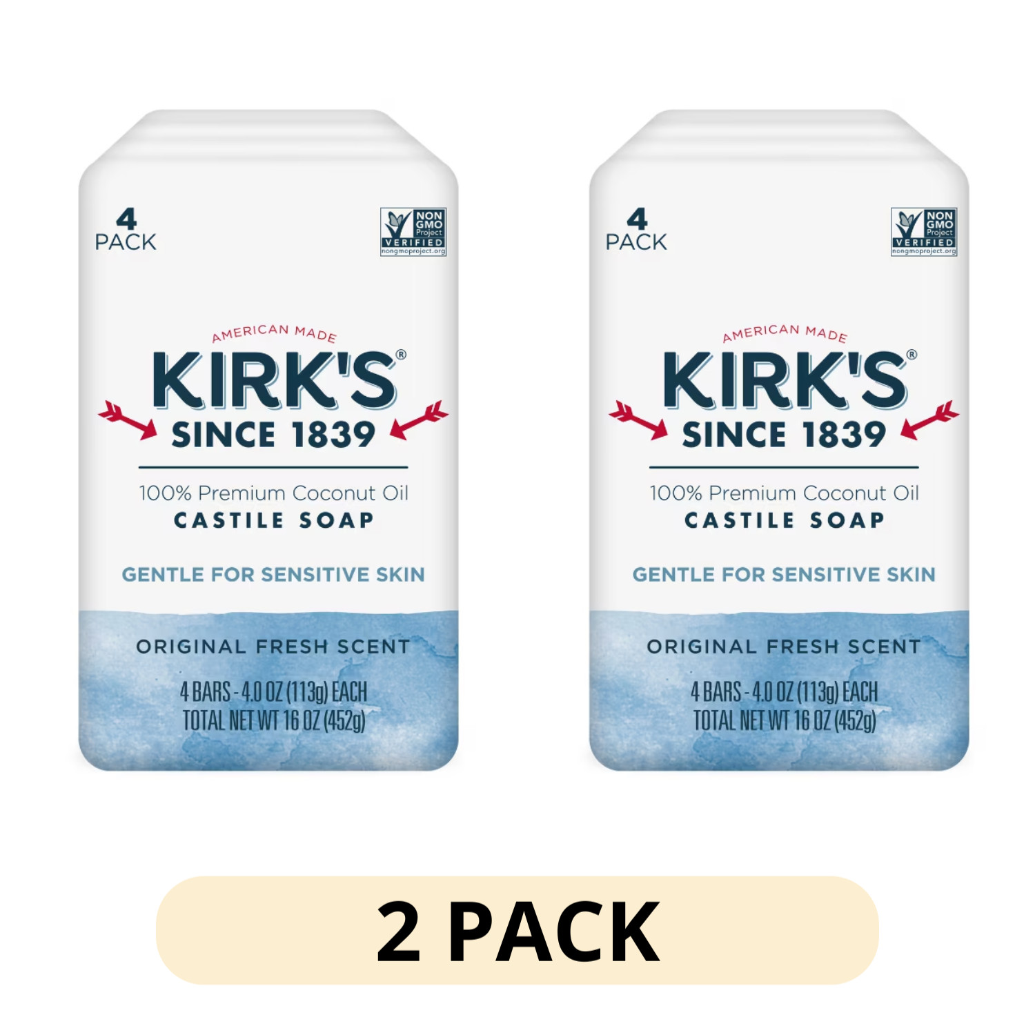 2 PACK Kirk’s Castile Bar Soap Made With Premium Coconut Oil 8 Bars – 4 oz Each