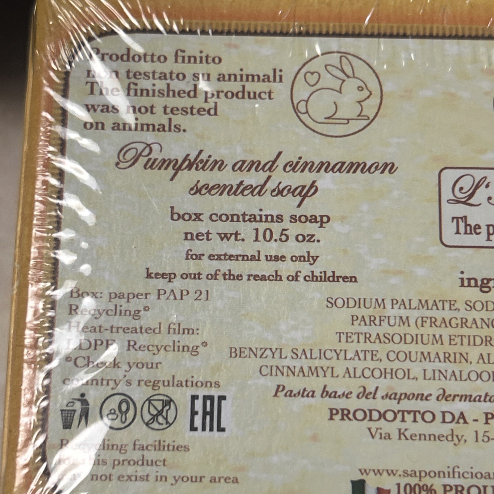 La Saponeria Firenze Pumpkin & Cinnamon Scented Soap 10.5oz Bar New Sealed