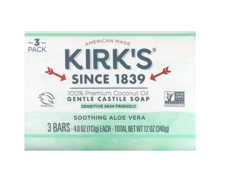 Kirk’s, 100% Premium Coconut Oil Gentle Castile Soap, Aloe Vera, 12 Bars