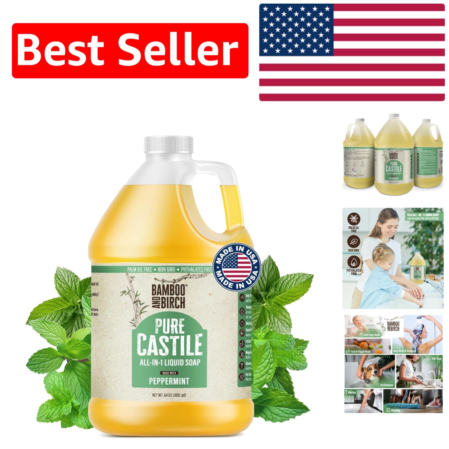 Palm Oil Free Peppermint Pure Castile Liquid Soap – 64 oz for Luxurious Cleaning