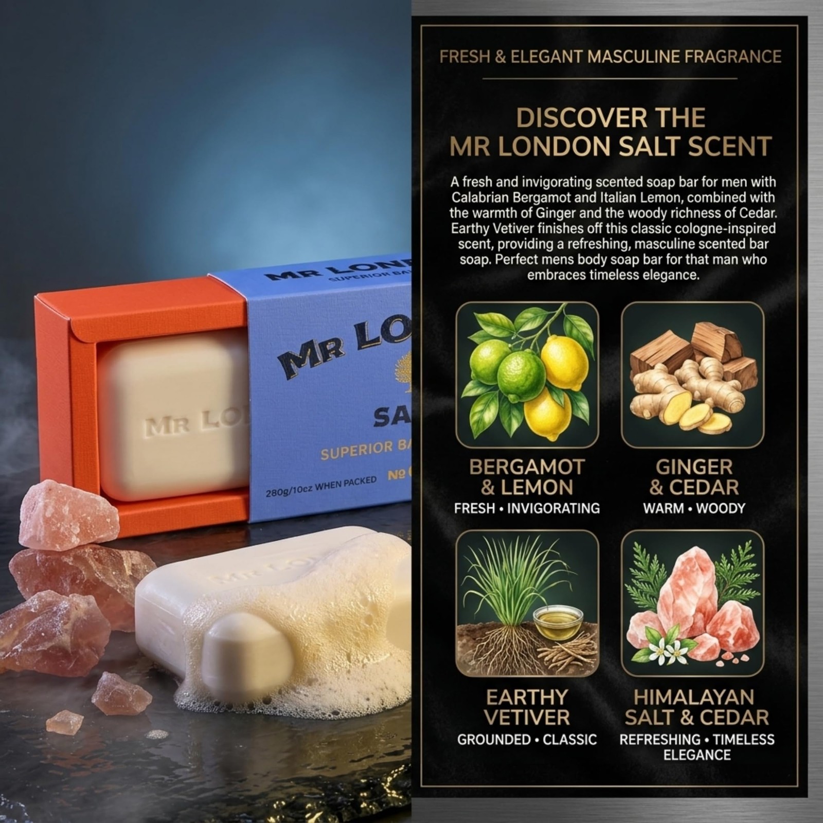 Mr. London Natural Soap Bar for Men (SALT), 10oz Superior Triple-Milled Bathi…