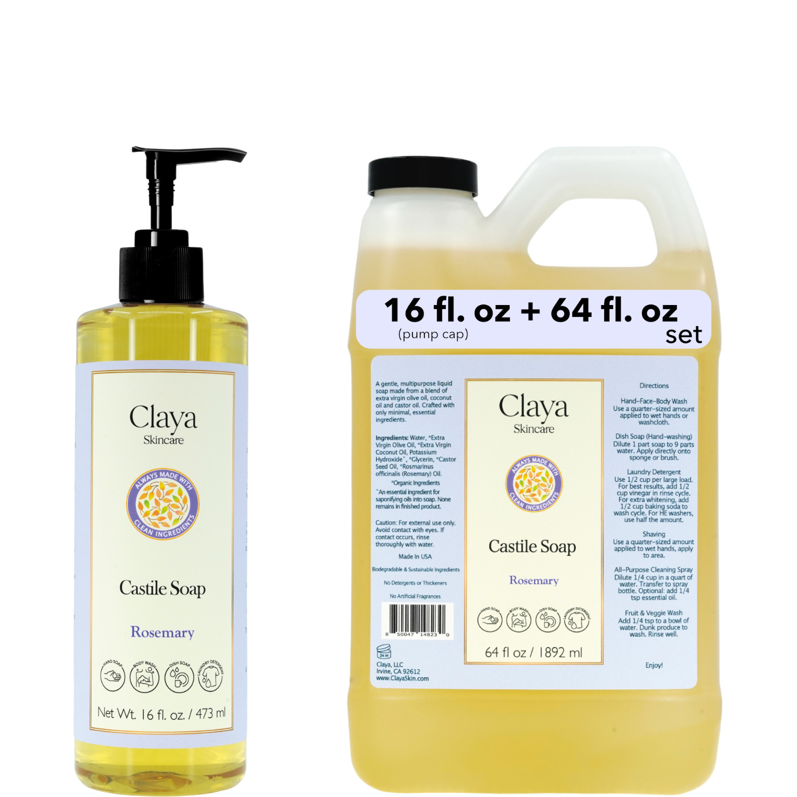 Rosemary Liquid Castile Soap Set – Organic Ingredients, Gentle for skin
