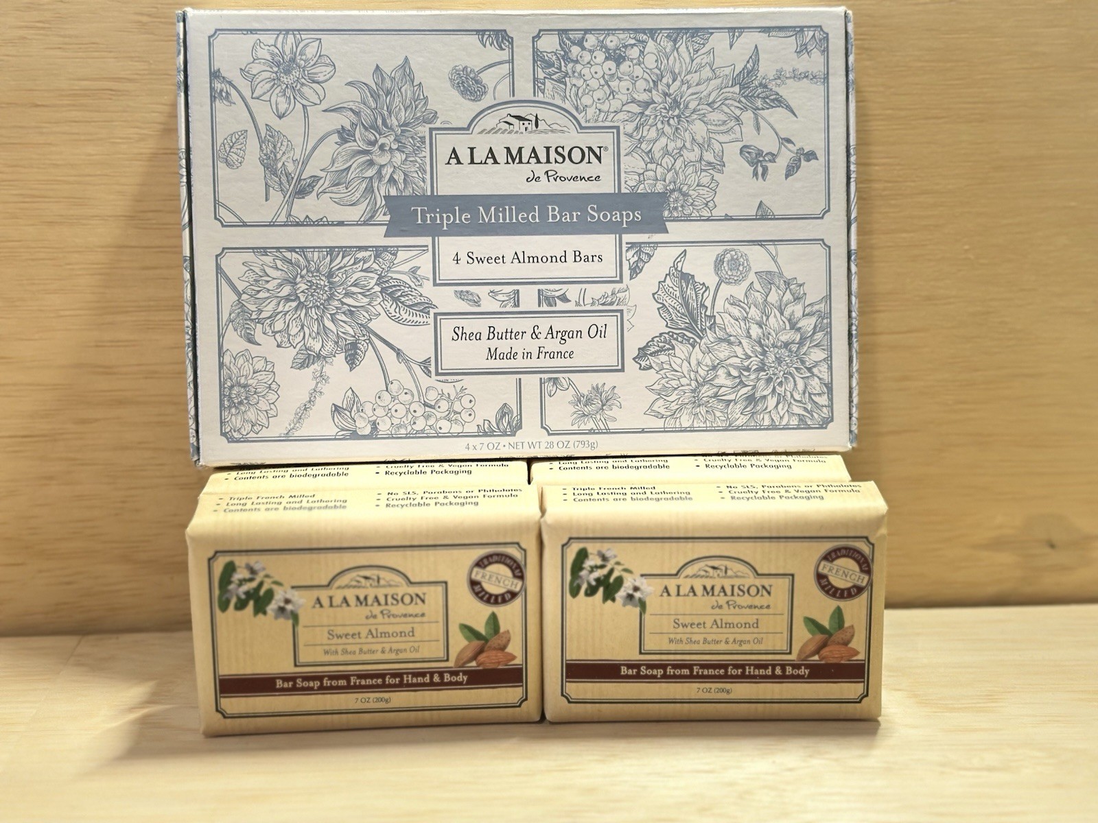 A La Maison Triple Milled Soap Shea Butter Argan Oil 4 Sweet Almond Bars France