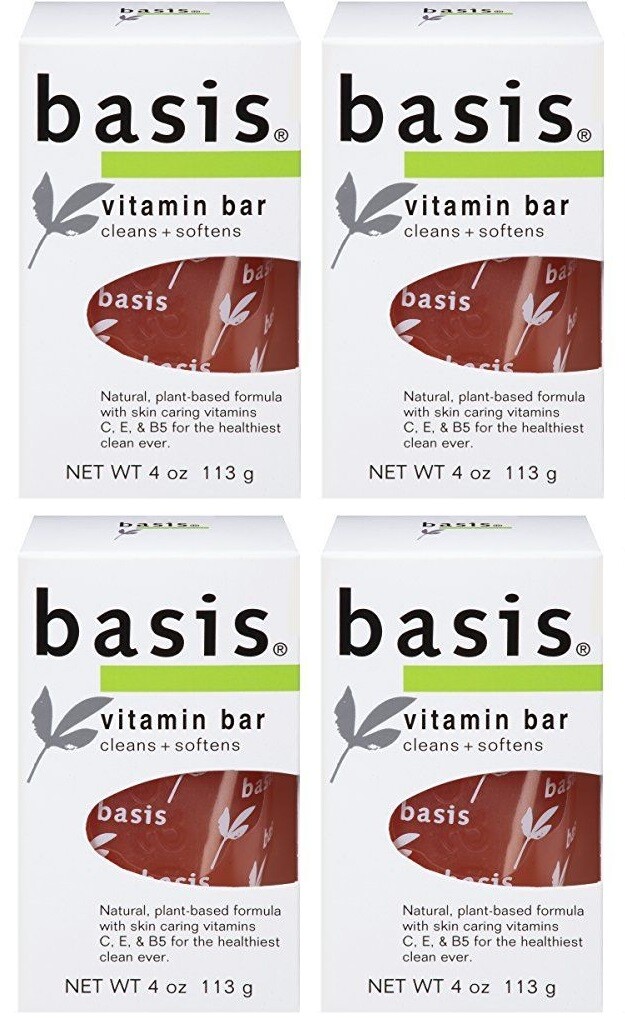 4 Pack Basis Vitamin Bar Soap Cleans Softens 4Oz Each
