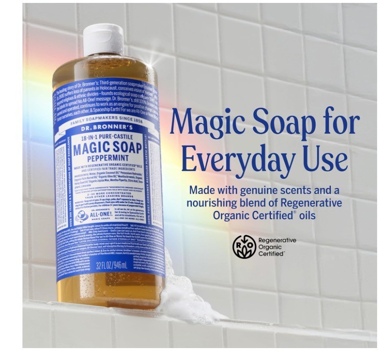 ​Dr. Bronner’s Peppermint Pure Castile Liquid Soap 32oz Organic Vegan Body Wash