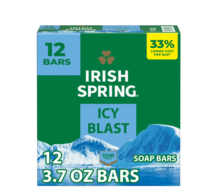 2 PACK Irish Spring Icy Blast Bar Soap for Men, Mens Bar Soap, 12 Pack