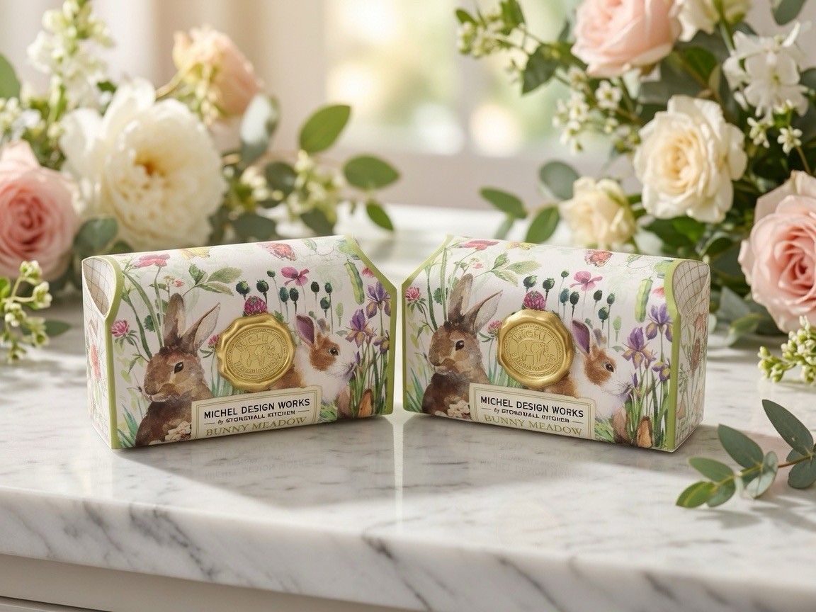 Michel Design Works Bunny Meadow Soap Set 2 Bars Cucumber Flower New England