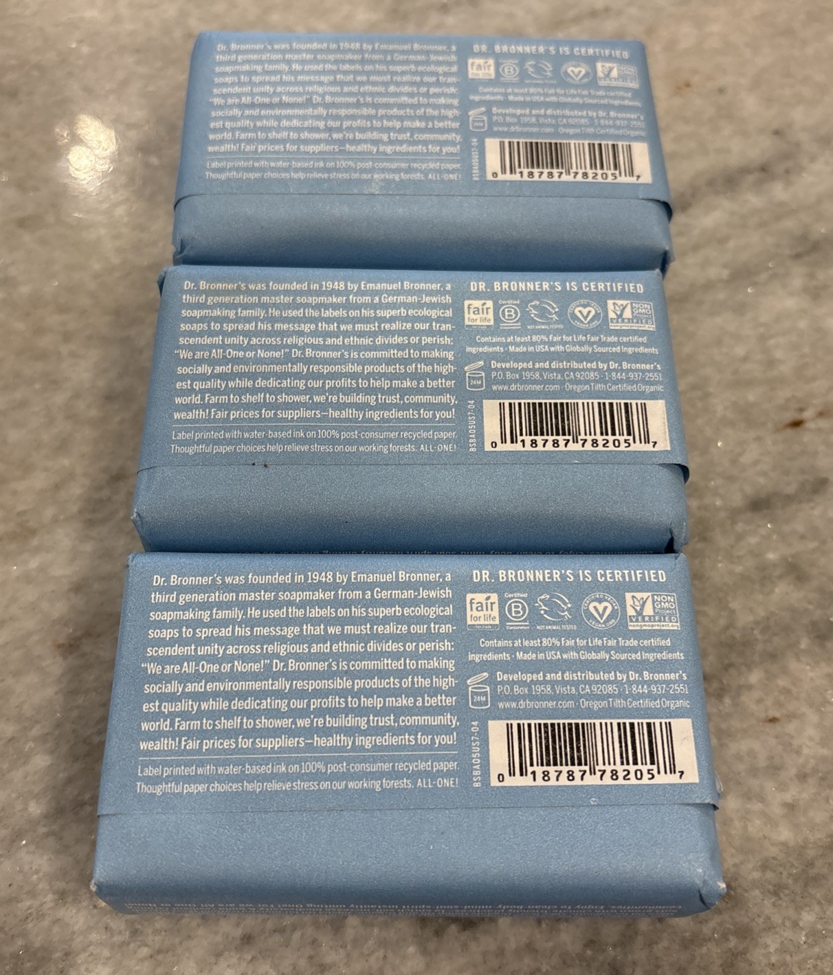 3 Pack Dr Bronner’s All-One Hemp Baby Unscented Pure Castile Bar Soap Organic