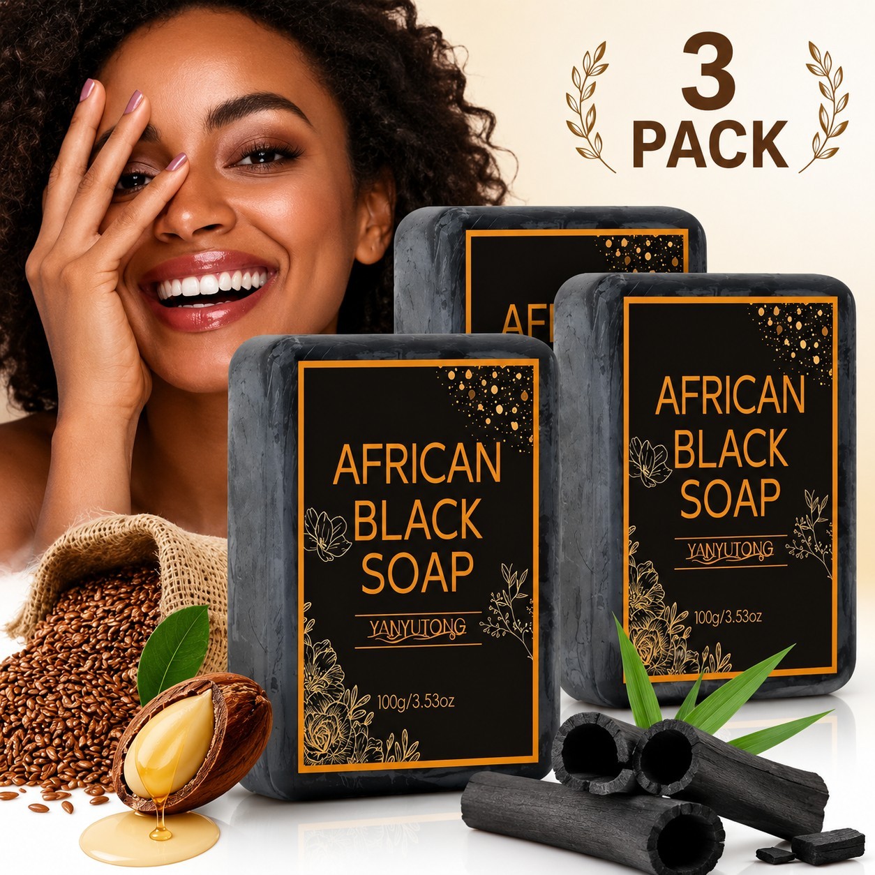 3 Pack African Black Soap 100g Bars Natural Cleansing Face & Body Soap