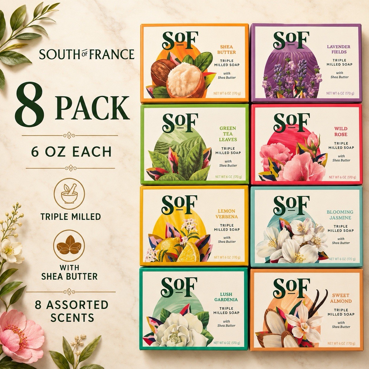 South of France Triple Milled Soap Shea Butter 6 oz Assorted Scents – 8 Pack