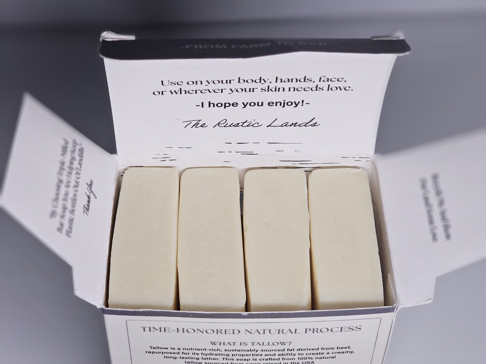 THE RUSTIC LANDS Grass Fed Beef Tallow Soap 4 Bar w/ Honey & Olive Oil Unscented