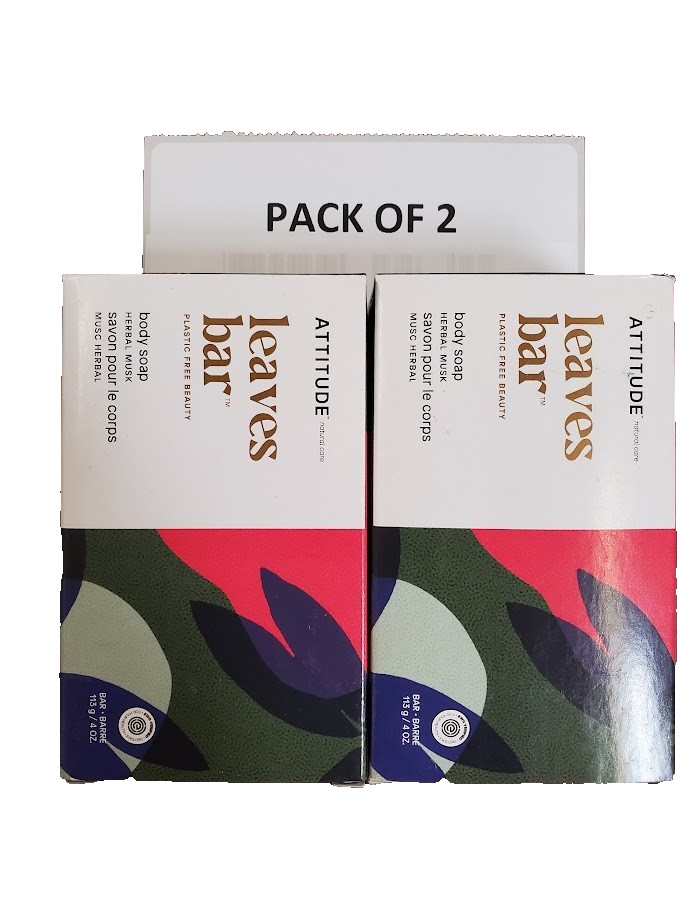 2 Pack Leaves Bar Body Soap – Herbal Musk – 4 Oz each By Attitude (Plastic Free)