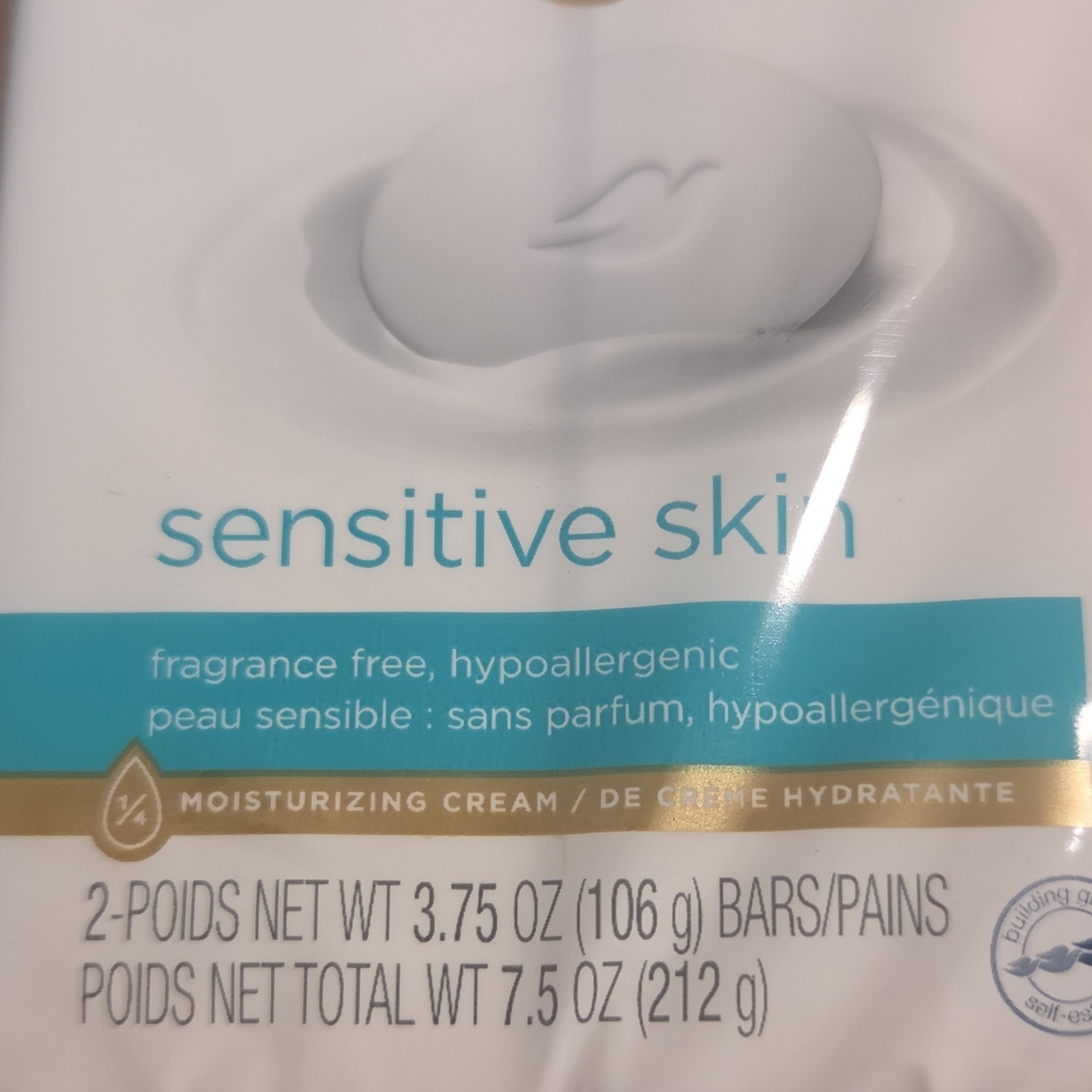 Dove Sensitive Skin Fragrance Free Hypoallergenic Body Bar Soap 2-Pack 7.5 oz