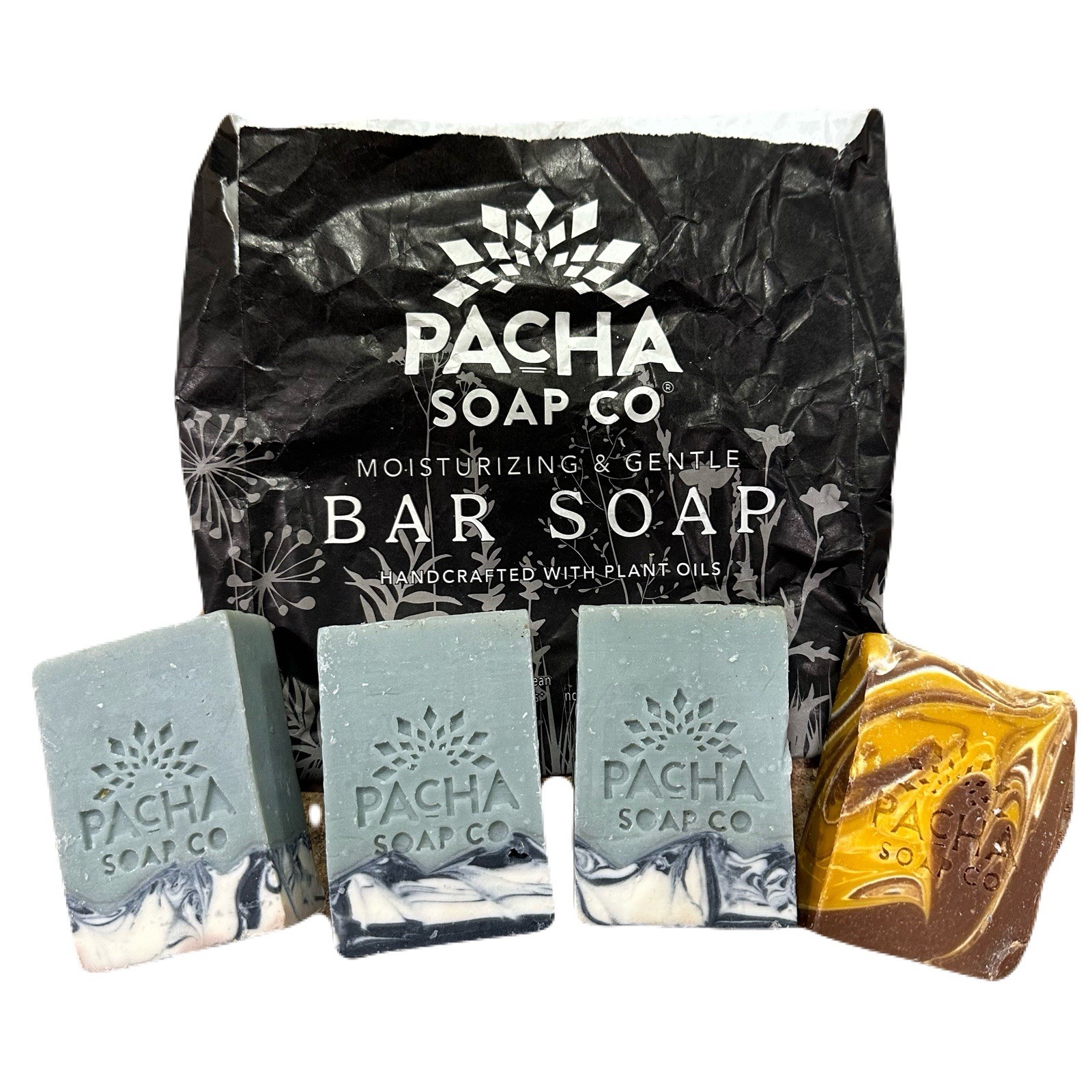 Pacha Soap Co. Four 4oz Bar Soaps, Soap Saver Shower Bag, Soap Dish All Natural