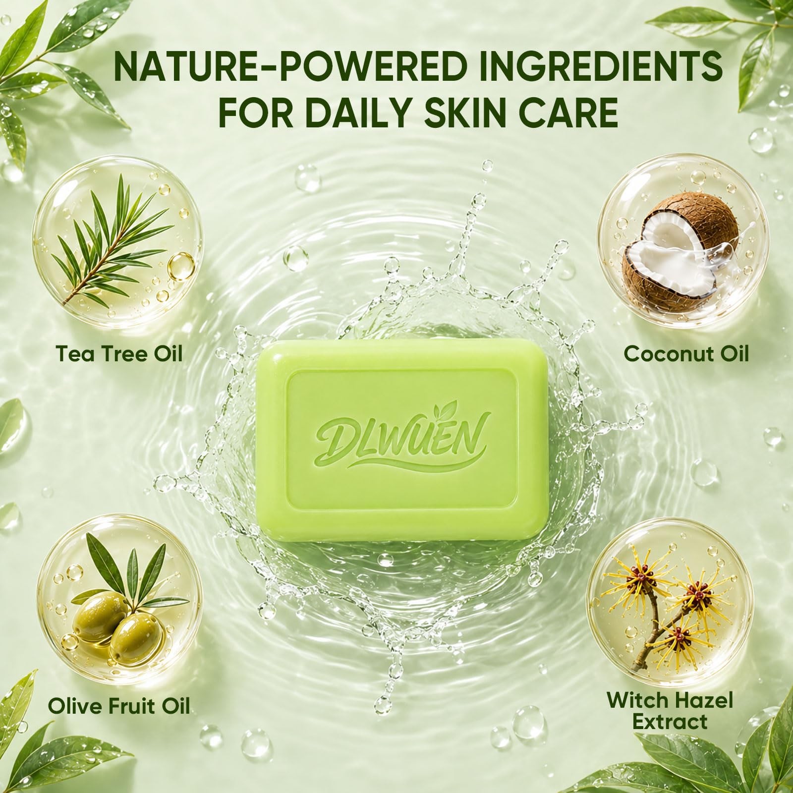 DLWUEN Antifungal Tea Tree Soap 3 Pack, 3.88 Ounce (Pack of 3), Green