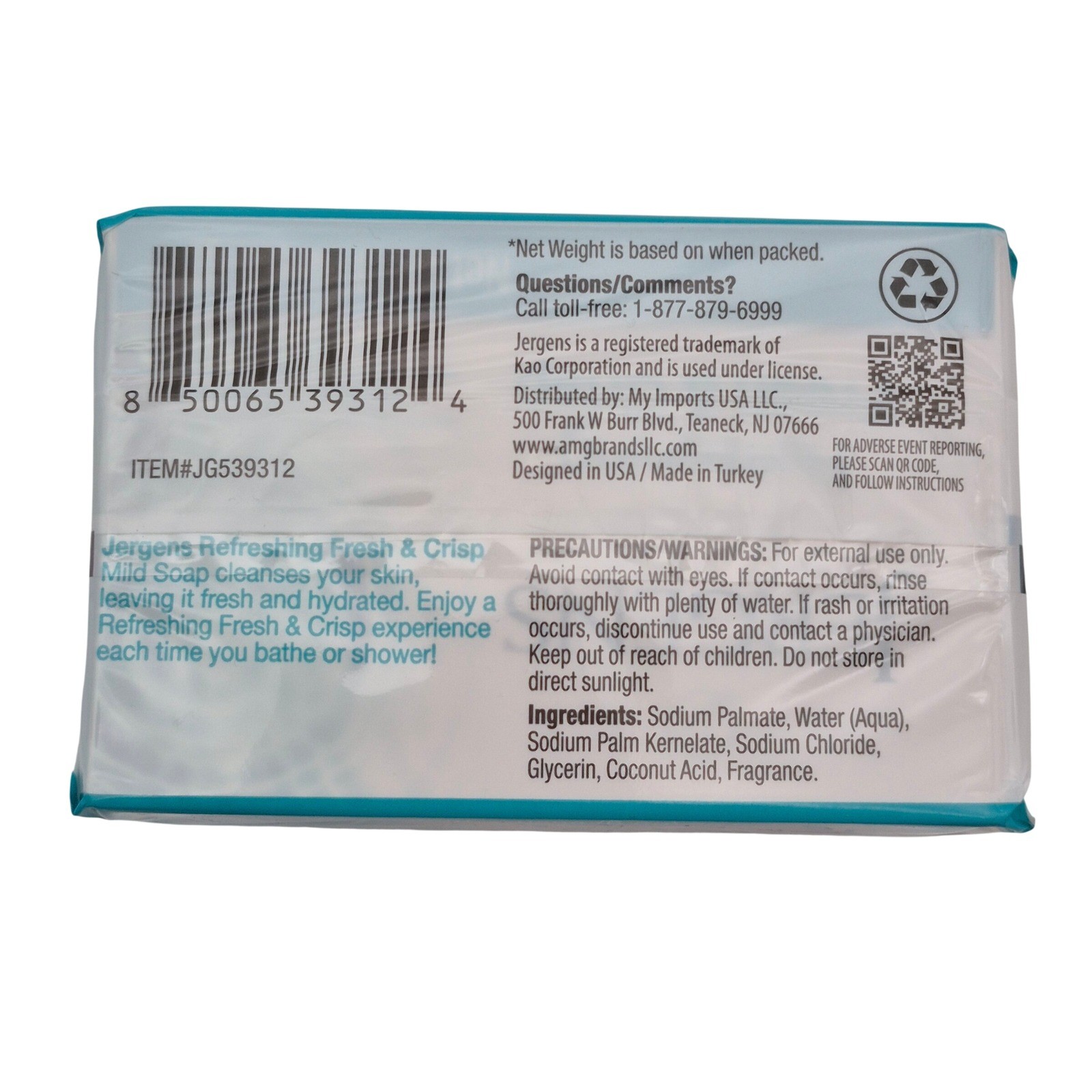 Jergens Refeshing Fresh Crisp (2 Mild Soap Bars) Cleans & Freshens