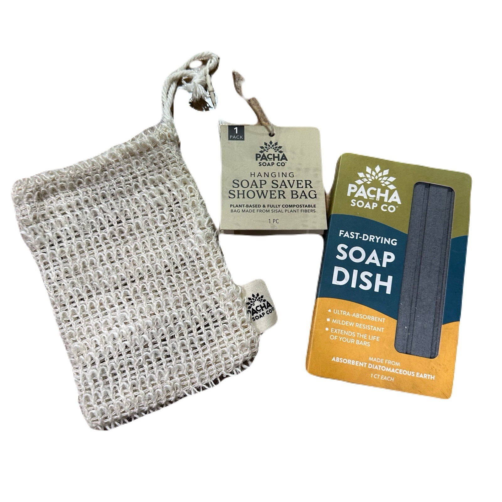 Pacha Soap Co. Four 4oz Bar Soaps, Soap Saver Shower Bag, Soap Dish All Natural