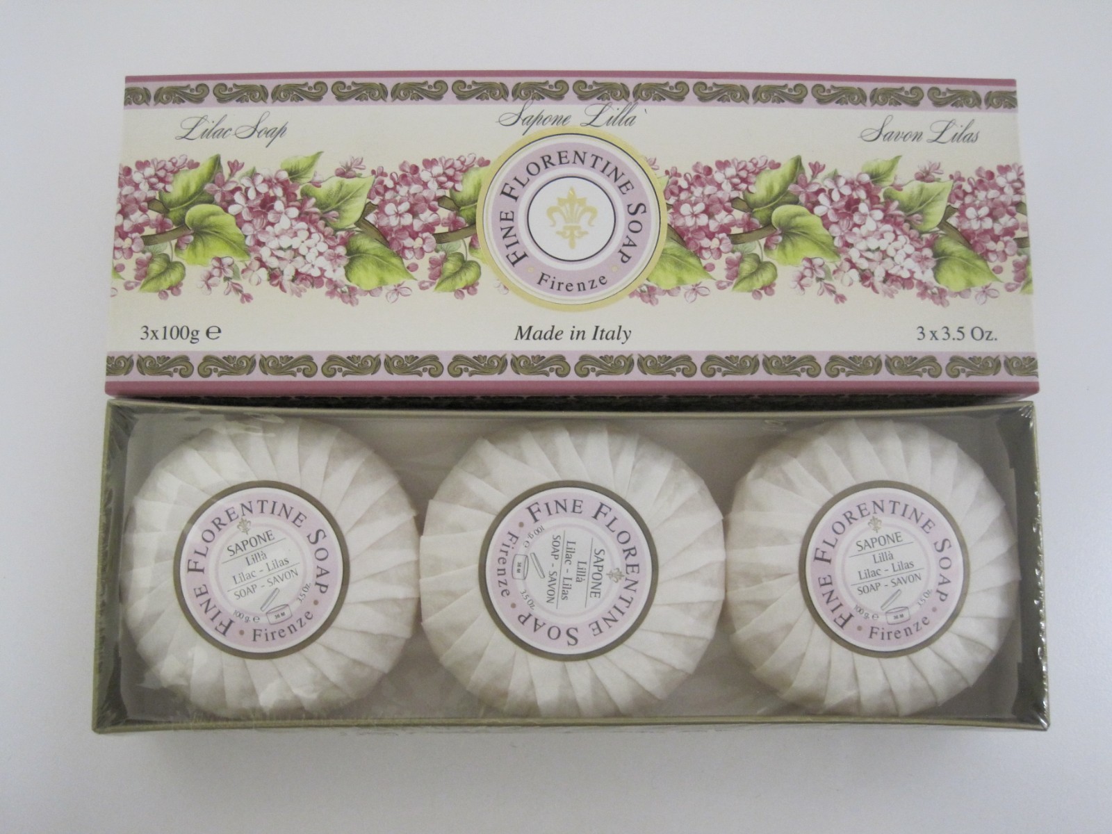 Firenze Fine Florentine Lilac Soap 3 Pcs 3.5 oz Each Made in Italy Gift Box NEW