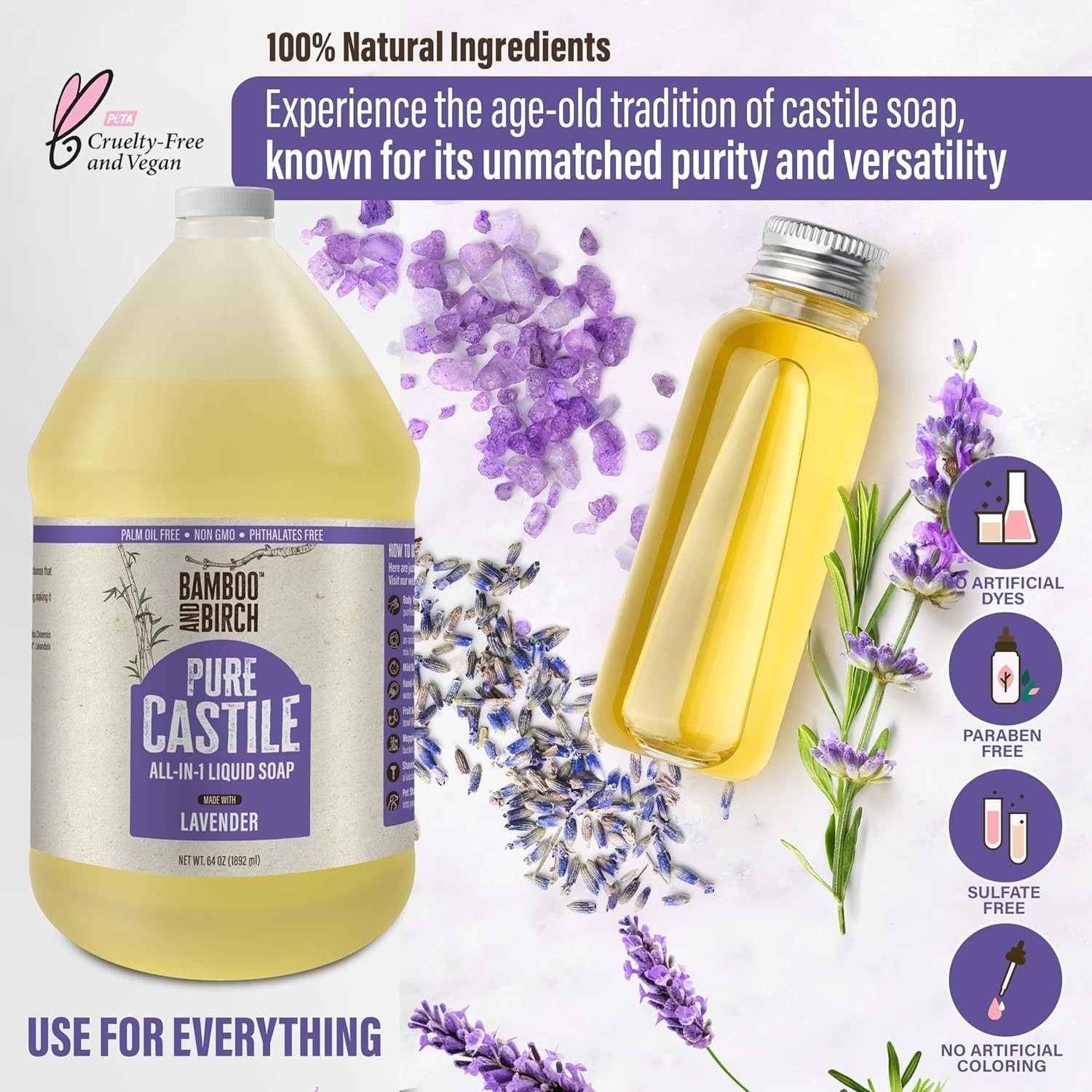 BAMBOO AND BIRCH Pure Castile Soap Liquid, Certified Palm Oil Free Natural Soap,