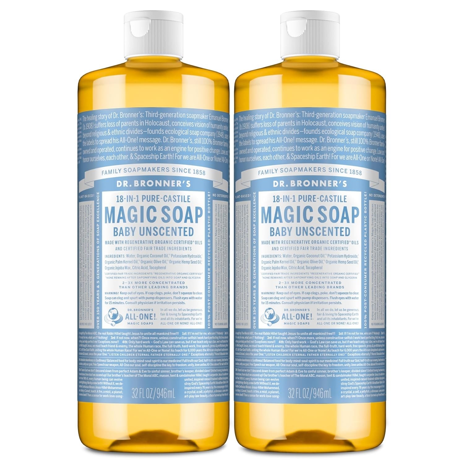 Dr. Bronner’s Multi-Purpose Unscented Soap, 32oz 2-Pack – Biodegradable &